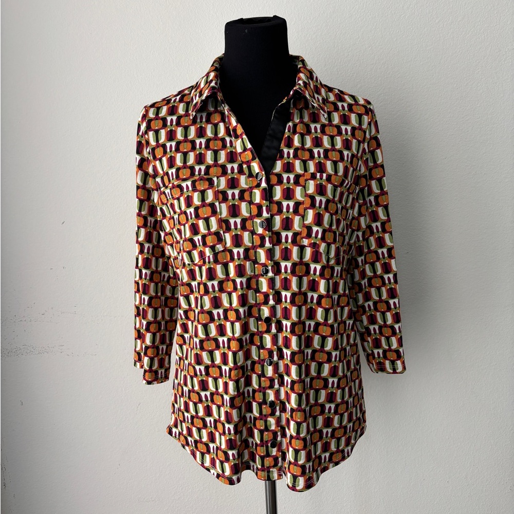 Sunny Leigh Retro Geometric Blouse in Burgundy, Mustard, Olive & Black